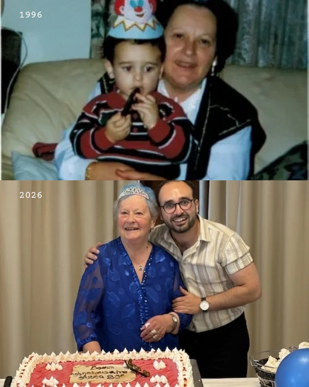 Luca with his Nonna: as a small boy in 1996, and beside her at her 90th birthday in 2026