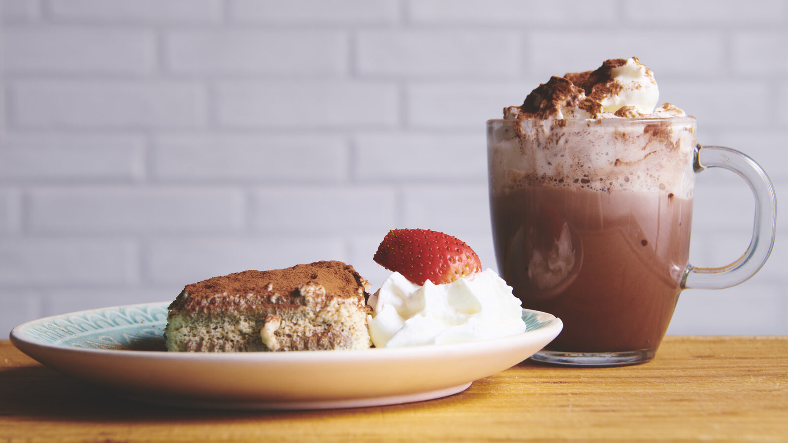 Tiramisu with strawberry and Italian hot chocolate