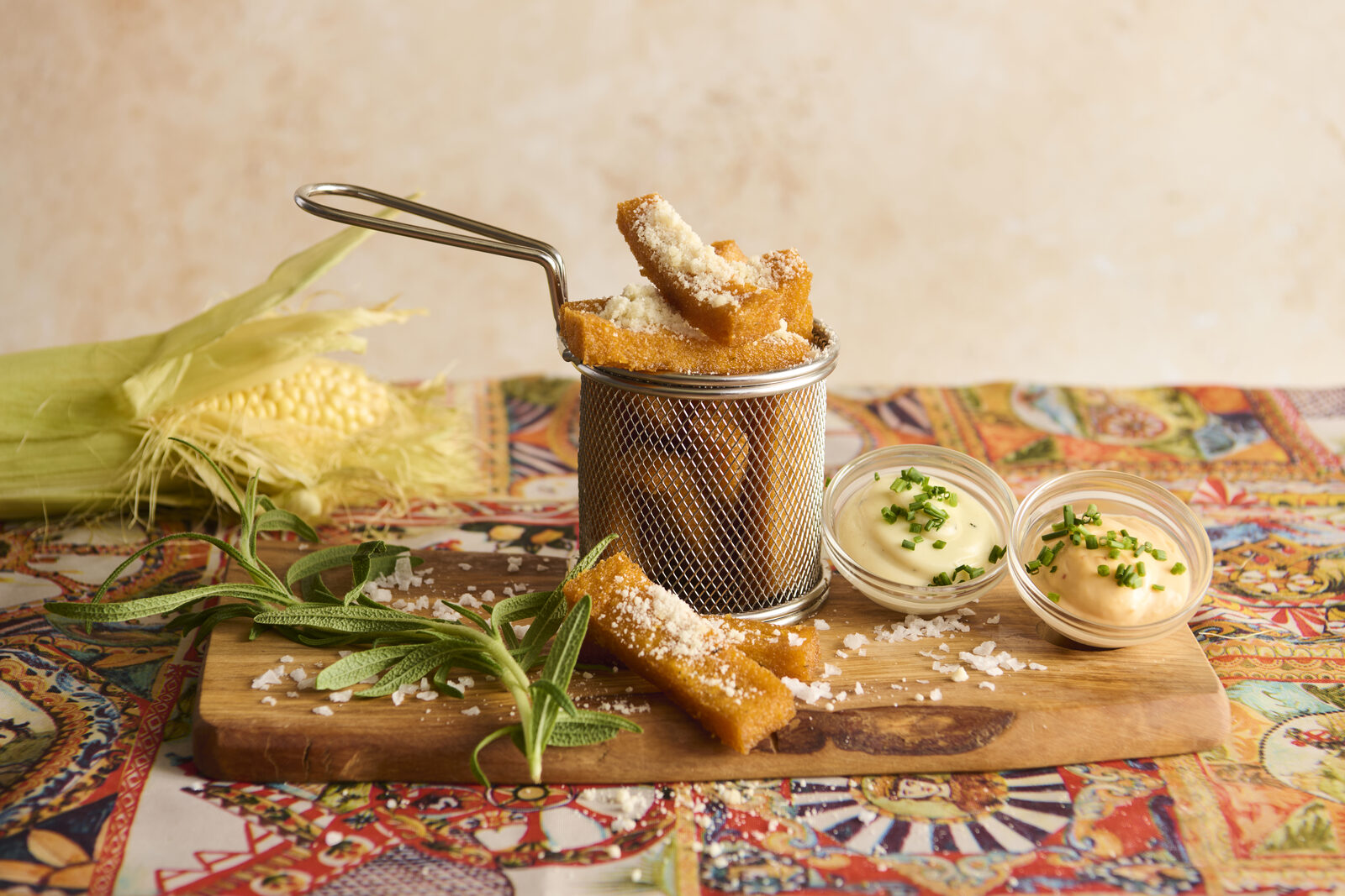 Crispy polenta fries with sage and dipping sauces
