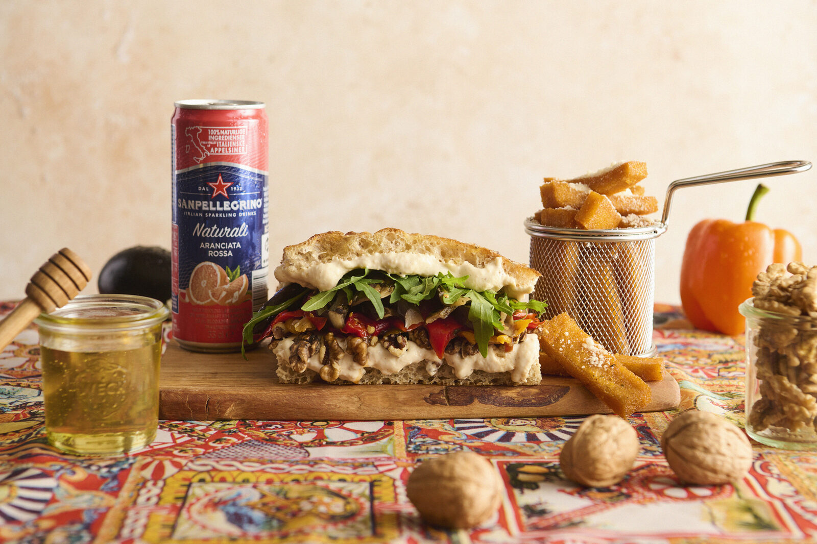 Focaccia sandwich with San Pellegrino