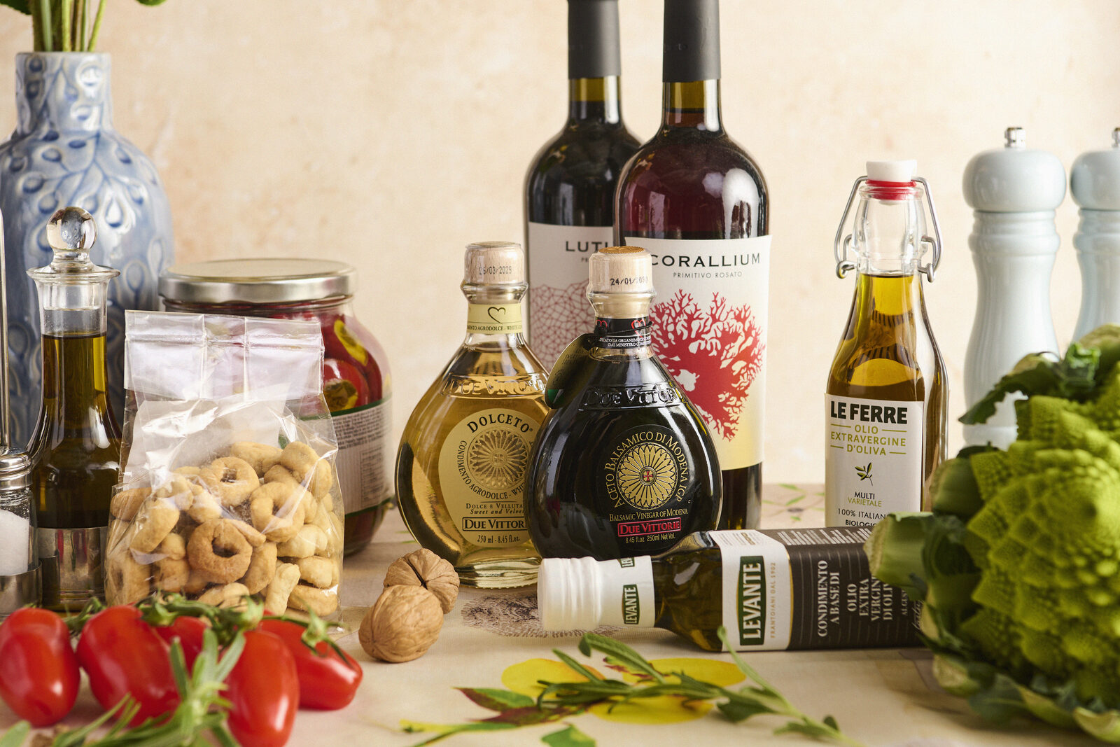 Italian wines, olive oil, and balsamic vinegar close-up
